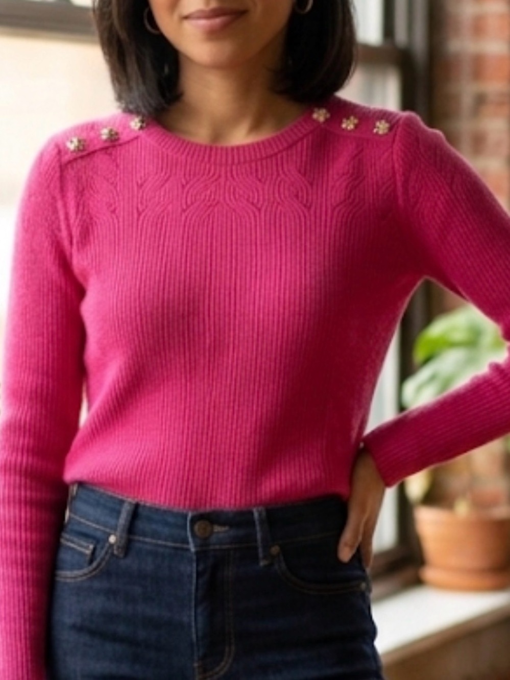 Talbots Hot Pink Crewneck Sweater with Gold Floral Buttons